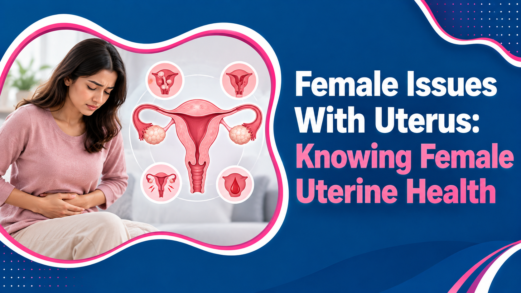 Female issues with uterus showing common uterine problems including fibroids endometriosis adenomyosis and prolapse