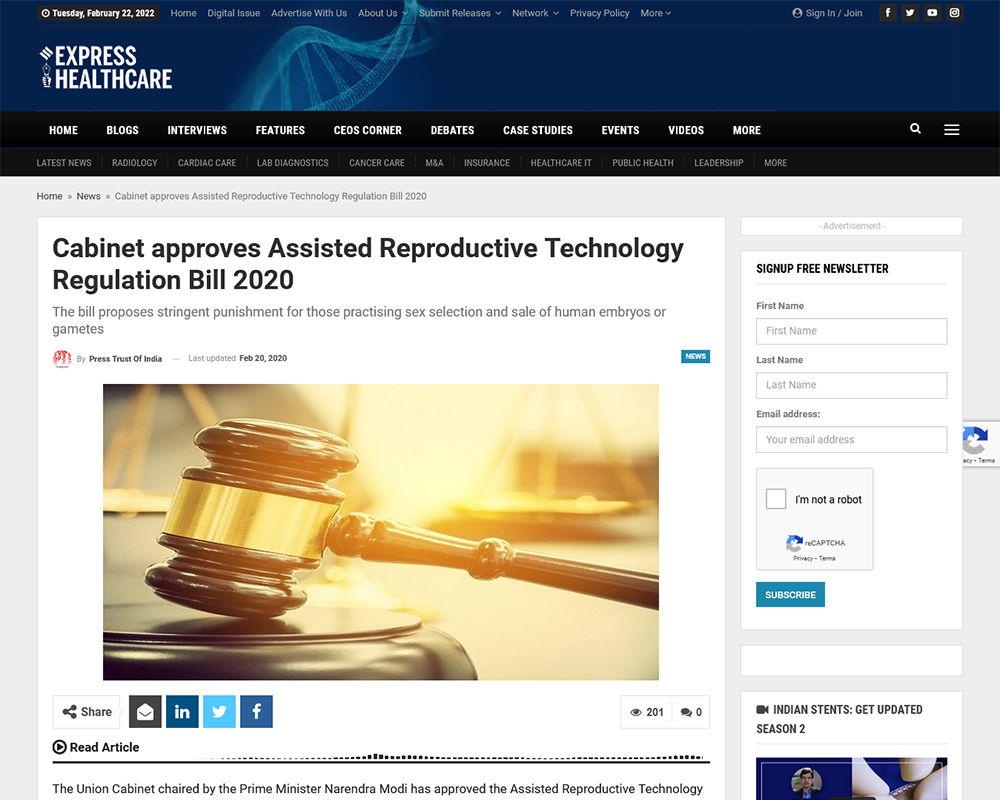 Cabinet approves Assisted Reproductive Technology Regulation Bill 2020 - Express Healthcare