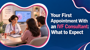 First appointment with IVF consultant showing couple preparing questions and medical records for fertility consultation